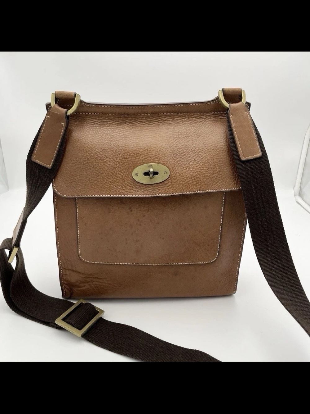 Mulberry Brown Leather Messenger Bag with Dark Brown Strap